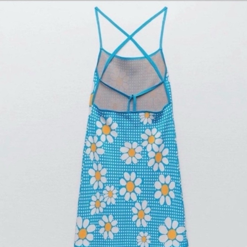 Zara Blue Gingham Daisy Floral Knit Mini Dress Open Back Size Small - Picture 12 of 15